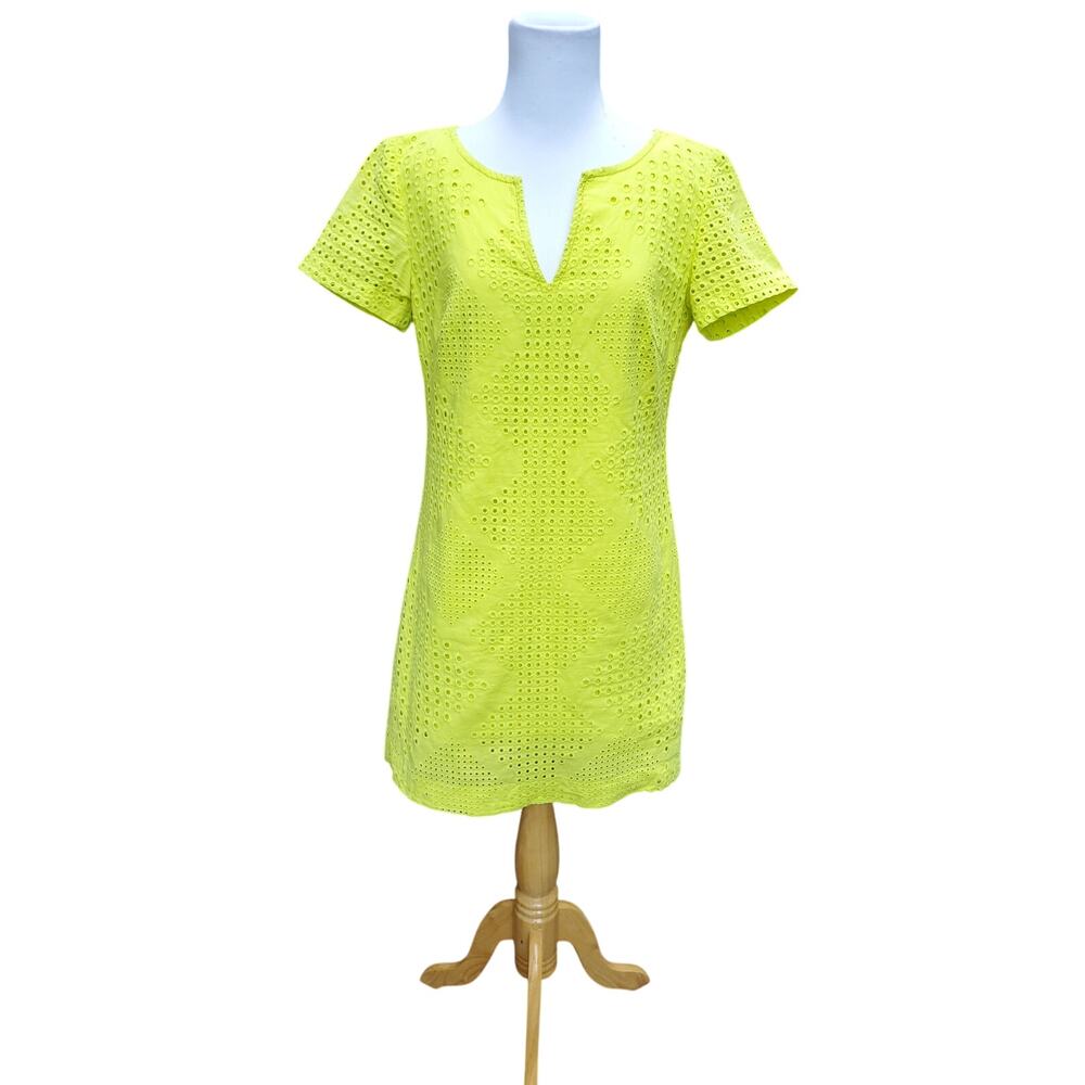 Trina Turk Chartreuse Green Shift Tunic Dress Eyelet Lace Summer Event Sz 4